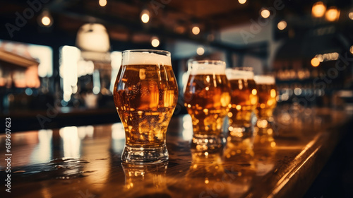 Glasses of beer on a wooden table at a pub photo