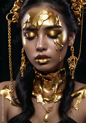 Golden paint smudges drips from the face lips and hand, golden liquid drops on beautiful model girl's mouth, creative abstract makeup. Beauty woman face © Vieriu