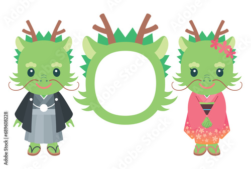 笑う和服姿の龍と龍の顔のフォトフレームイラスト（文字なし）【年賀状テンプレート（辰年）】