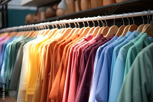 Colorful and vibrant clothes hanging in shop retail. photo