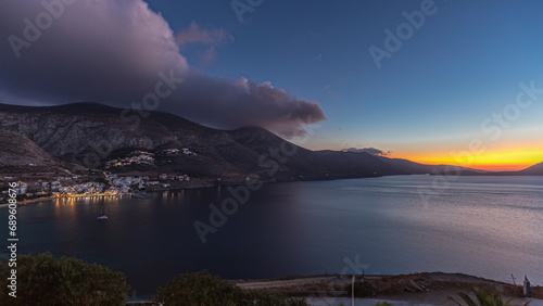 Panorama showing Amorgos island aerial day to night timelapse from above. Greece