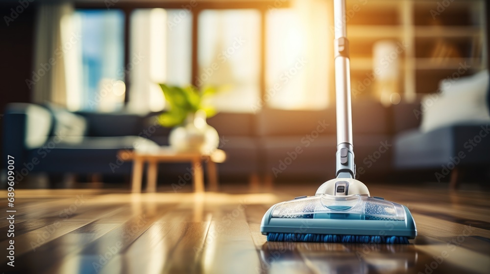 Floor cleaning with mop with vacuum cleaner at home. - obrazy, fototapety, plakaty 