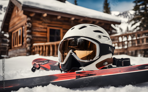 Closeup on a pair of skis, ski poles, a ski helmet and ski googles