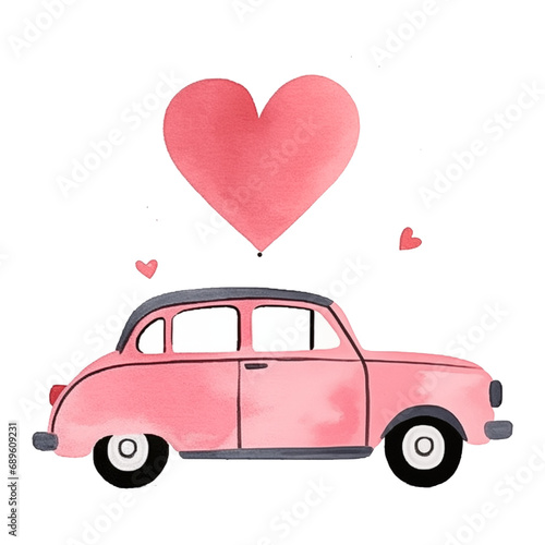 Love Car Watercolor Clipart for Valentine's Day, Digital Design of Creative Holiday Celebration Couple, Romantic Vintage Wedding Illustration with Heart Balloon