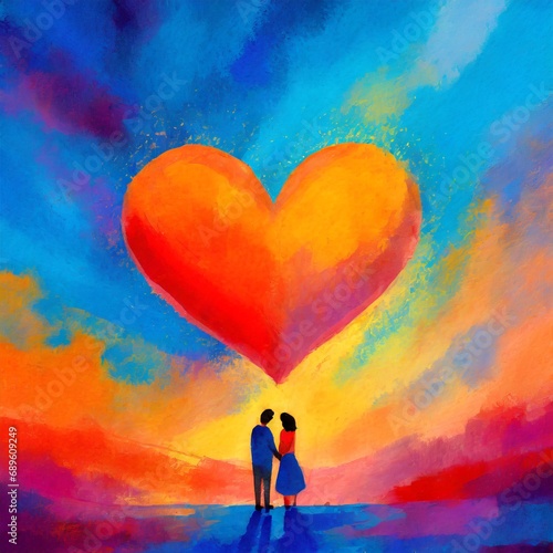  Concepto de San Valentín pareja con globos de corazones en un cielo vibrante, pintura al óleo photo