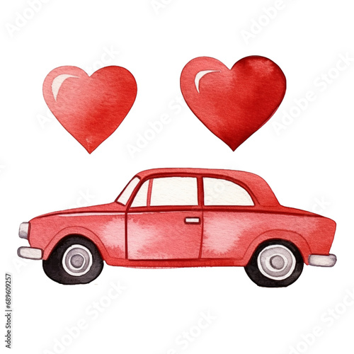 Love Car Watercolor Clipart for Valentine's Day, Digital Design of Creative Holiday Celebration Couple, Romantic Vintage Wedding Illustration with Heart Balloon