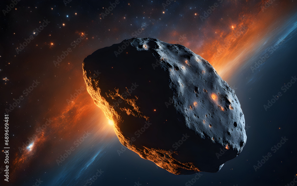 Closeup on an asteroid with orange and blue light reflects disintegrating in space, with a sky full of stars - obrazy, fototapety, plakaty 