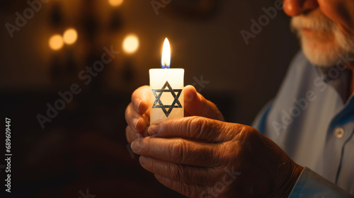 With a burning candle that bears the Star of David, an elderly man emphasizes the significance of International Holocaust Remembrance Day. January 27 is remembered as Memory Day. Banner, copy space photo