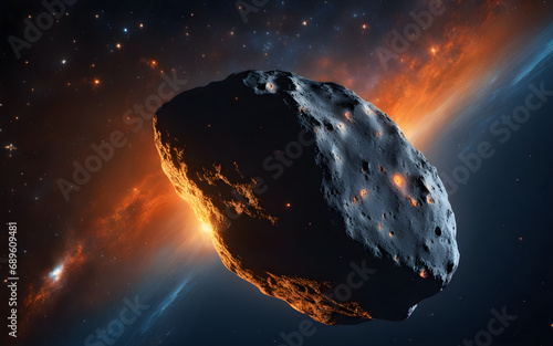 Closeup on an asteroid with orange and blue light reflects disintegrating in space, with a sky full of stars