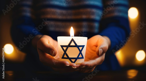 Woman holding in hands burning candle with star of David. International Holocaust Remembrance Day concept. Memory day January 27 Commemorating the Holocaust