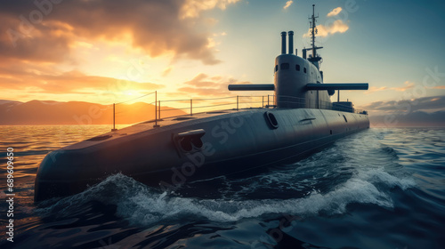 Naval submarine on open sea at sunset.