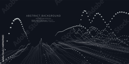 Abstract background waves graphs from white sphere and lines on poly grid. Technology wireframe helix concept in virtual space. Big Data. Banner for business, science and technology data analytics.