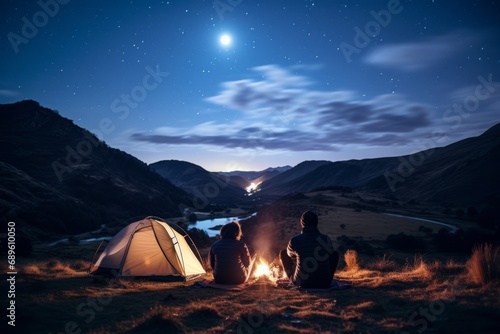 Lovers look at the night sky together, sitting next to the campfire