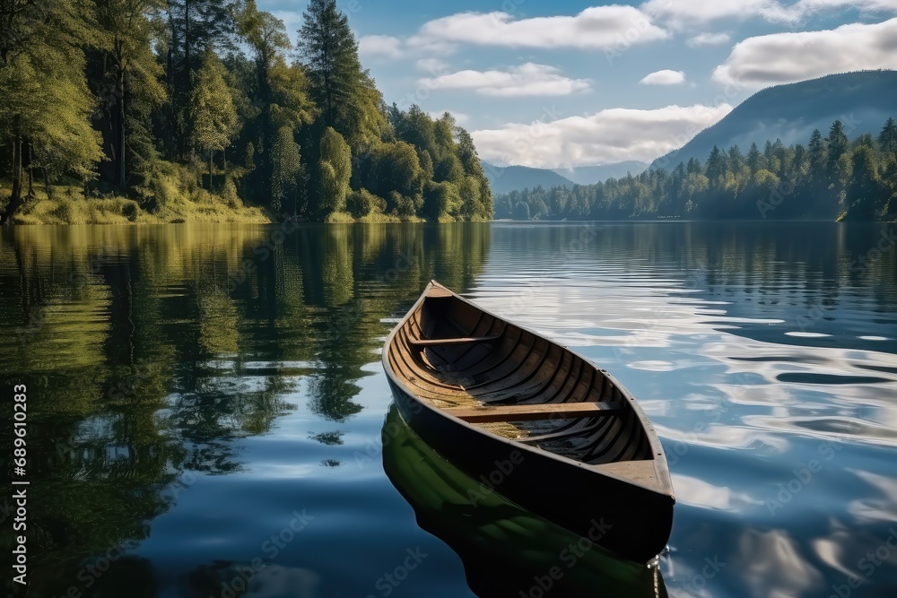 landscape with lake and wooden boat. - obrazy, fototapety, plakaty 