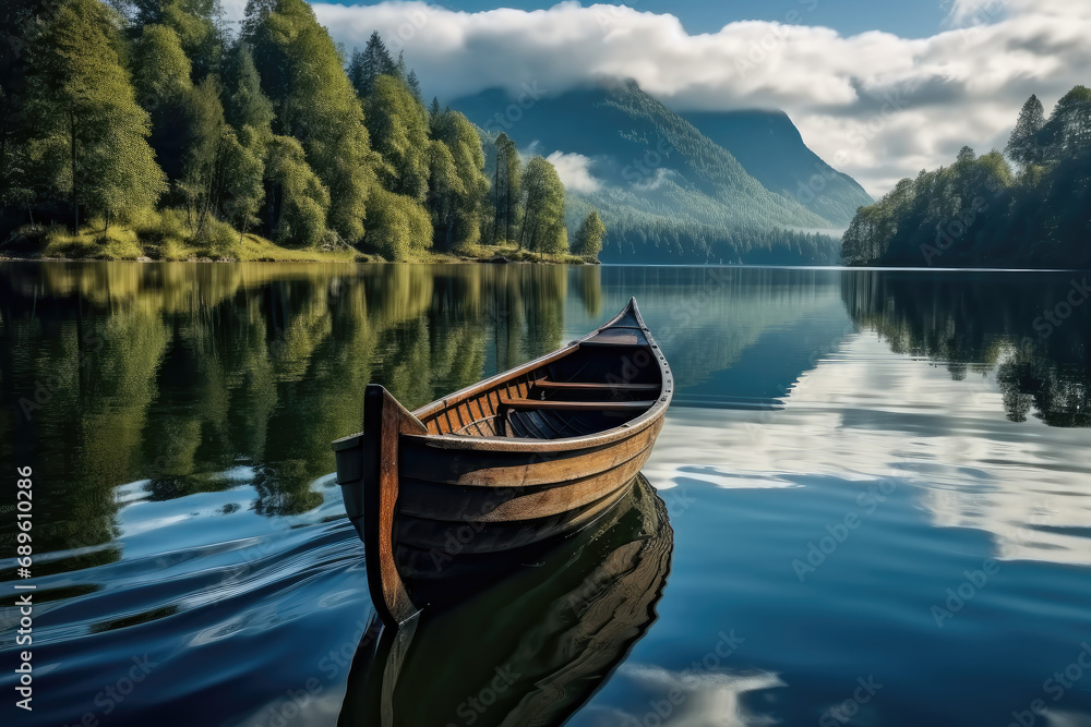 landscape with lake and wooden boat.