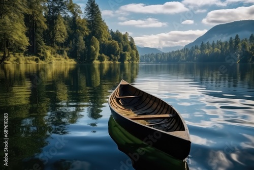 landscape with lake and wooden boat. #689610283