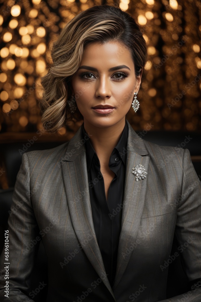 Close-up Portrait of a beautiful confident successful businesswoman wearing a gray suit on a black gold background. Business, style, fashion concepts. Close-up Portrait of a beautiful confident successful businesswoman wearing a gray suit on a black gold background. Business, style, fashion concepts.