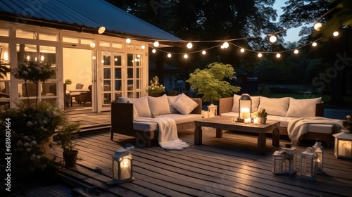 The patio of beautiful house with lights in the garden. photo