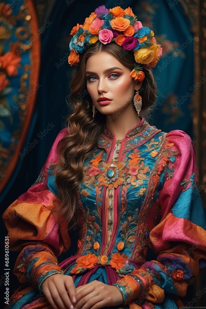 A beautiful charming blonde woman with curly hair, makeup, wearing a multicolored robe, a floral wreath on a dark blue background. High fashion, style, glamour, model concepts.