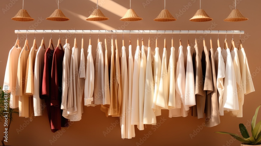 Collection of clothes hanging on a rack in neutral beige colors, Clothes on minimal shop.