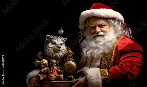 Santa Claus with vintage retro toys on background with copy space