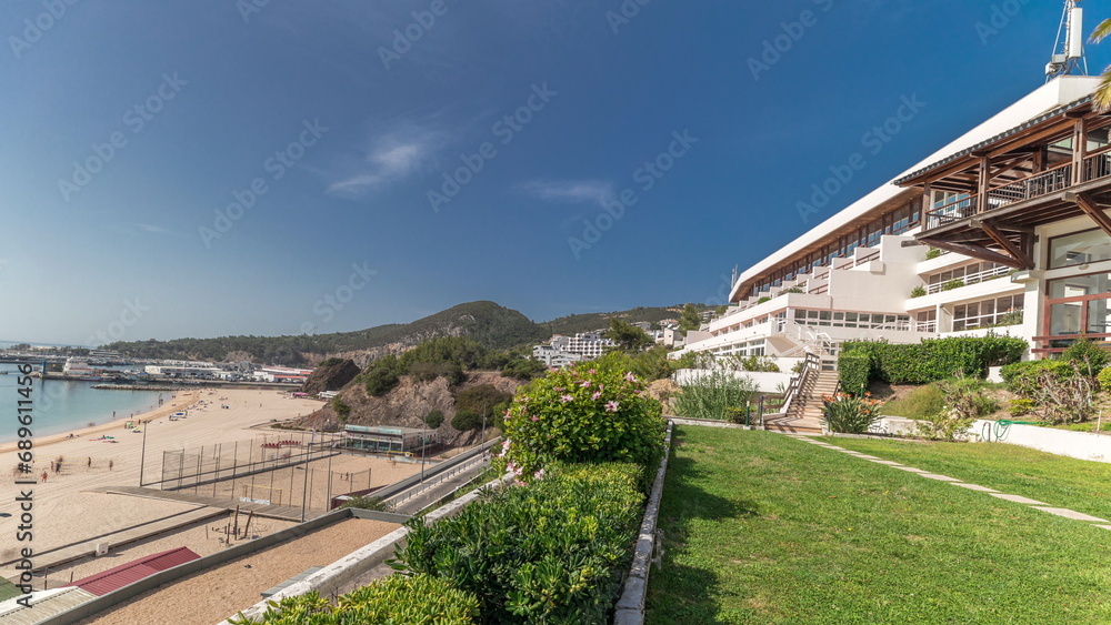 Panorama showing the coastline of the village of Sesimbra timelapse. Portugal