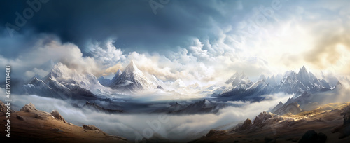 Gorgeous winter mountain landscape. Rocks, fog and clouds. View of a valley, sunlit horizon, sky with clouds above. Image made by Generative AI