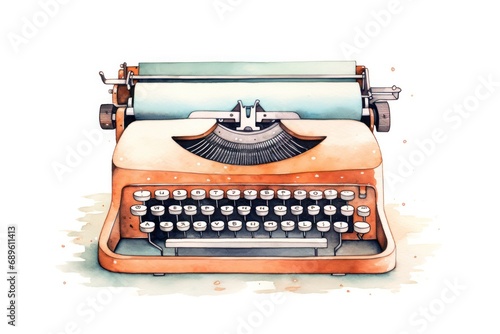 retro vintage typewriter or typing machine watercolor illustration on white background