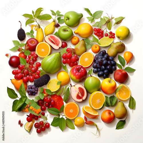 many kind of fruits apple orange kiwi guava mango berry in birdeyeview white background photo