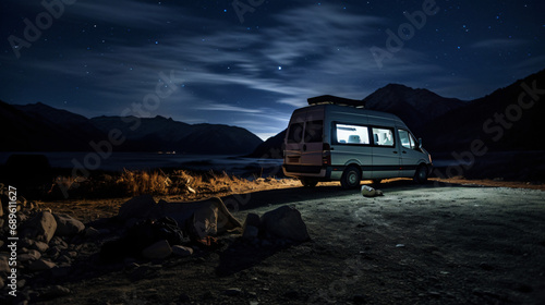 Van car under stars during midnight