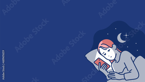 夜中にスマートフォンを見る若い女性のシンプルなベクターイラスト素材
