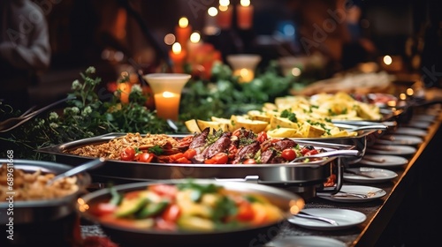 Catering buffet food in restaurant with meat and vegetables.