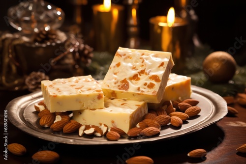 turron classic christmas sweet dessert on xmas dinner table. Nut based traditional sweets. 