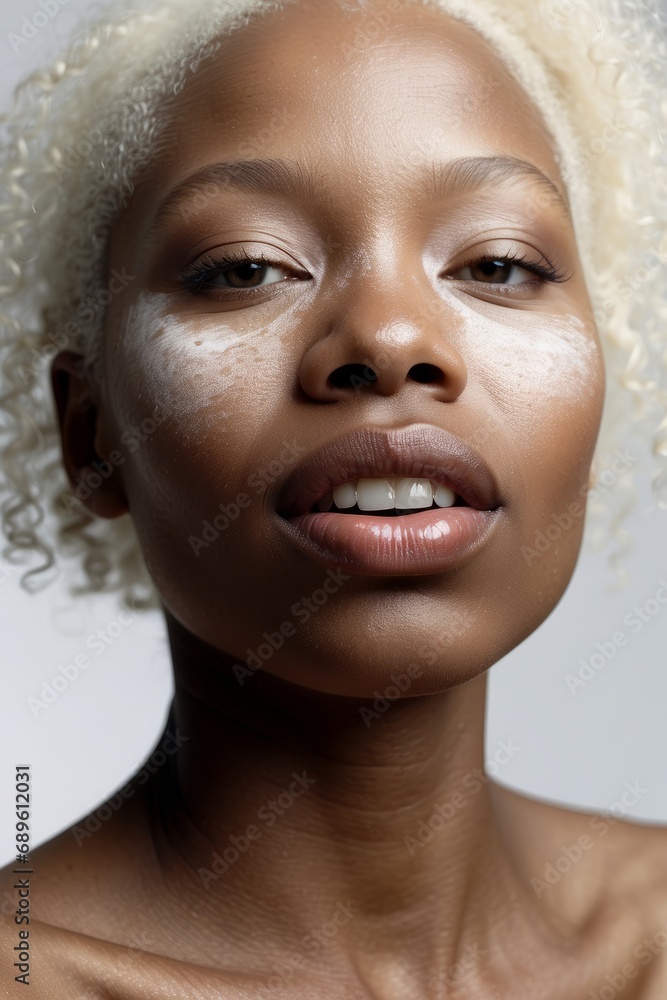 A close-up portrait of a beautiful black woman applying white cream on her face, a mask on a white background. High fashion, makeup, cosmetics concepts. A close-up portrait of a beautiful black woman applying white cream on her face, a mask on a white background. High fashion, makeup, cosmetics concepts.