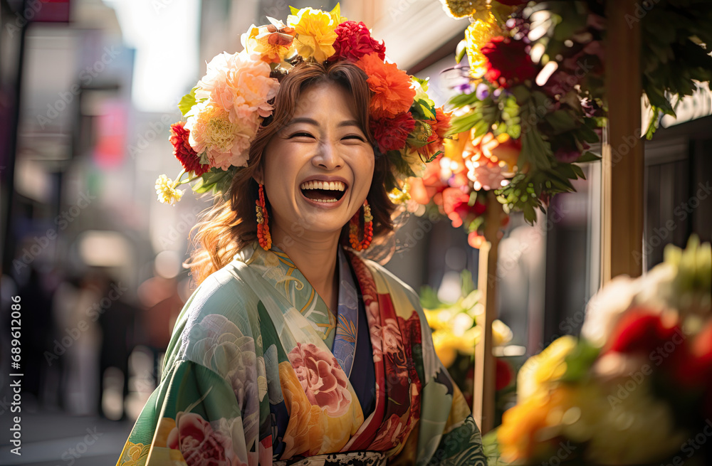 happy Japanese woman laughing in a traditional dress