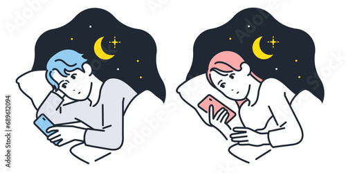 夜中にスマートフォンをチェックする若い男女のシンプルなベクターイラストセット素材