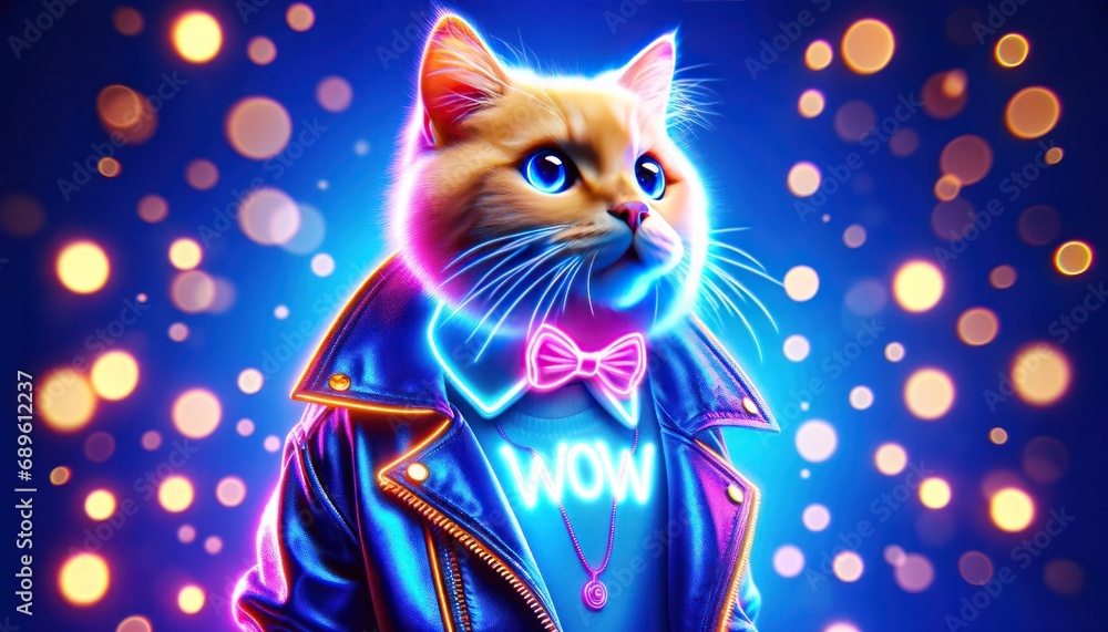 Cat in Neon Light with Wow Expression on Blue Background
Cat in Neon Light with Wow Expression on Blue Background