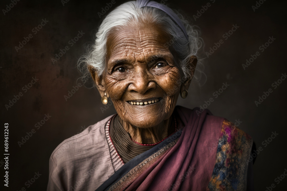 Portrait of a smiling elderly Indian woman - obrazy, fototapety, plakaty 