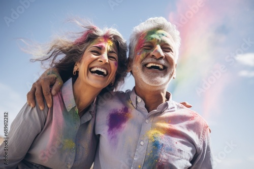 Senior couple of Indian ethnicity celebrating Holi festival with colours in the outdoor 