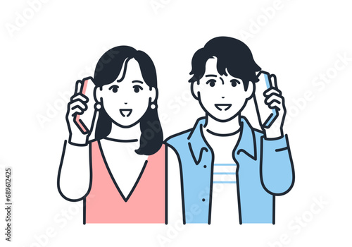 かけ放題で通話をする若い男女のシンプルなベクターイラスト素材