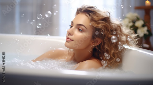 Happy Young Woman Enjoying Warm Bath With Soap Bubbles In Luxury Bathroom.