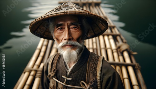 Portrait of an Elderly Chinese Fisherman on a Bamboo Raft