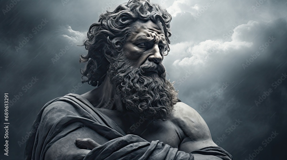 muscular statue of a greek philosopher on a cloudy background - obrazy, fototapety, plakaty 