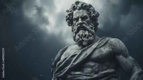 muscular statue of a greek philosopher on a cloudy background photo