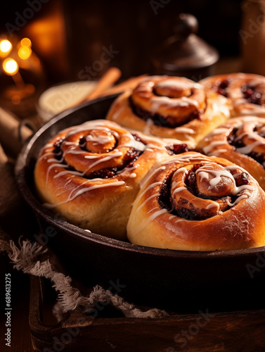 Warm roll buns with cinnamon and cream on baking dish 