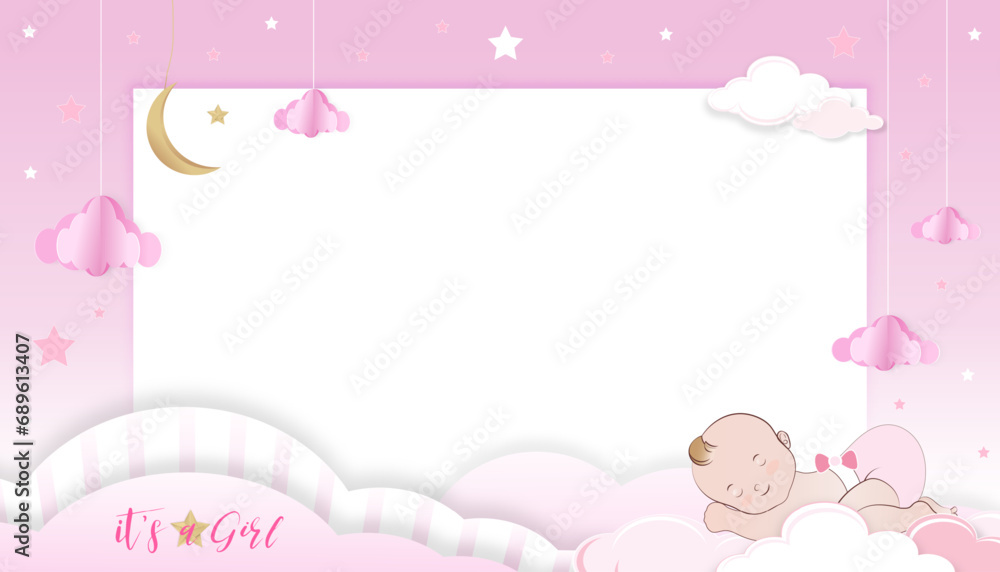 Baby Shower Background,Cute baby girl sleeping on cloud on blue background,Vector Paper cut cloudscape,crescent moon and stars on skym,Banner or Birthday Card with copy space for baby's photo Baby Shower Background,Cute baby girl sleeping on cloud on blue background,Vector Paper cut cloudscape,crescent moon and stars on skym,Banner or Birthday Card with copy space for baby's photo