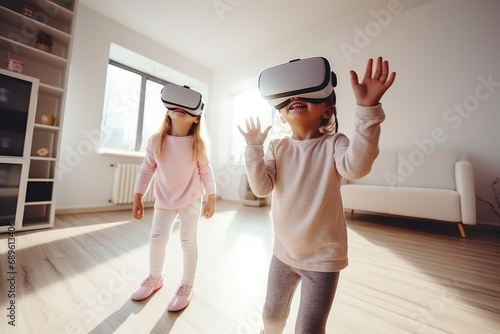 two girls playing with virtual reality glasses in the living room