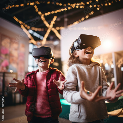 children trying virtual reality, in a games room
