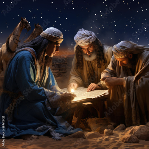 the three wise men, reading the children's letters under the stars