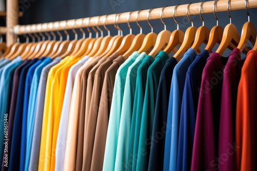 A collection colorful t-shirts on hang for sale in shop.